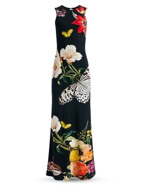 Alice + Olivia Delora Black Floral & Butterfly Maxi Sleeveless Dress/Gown